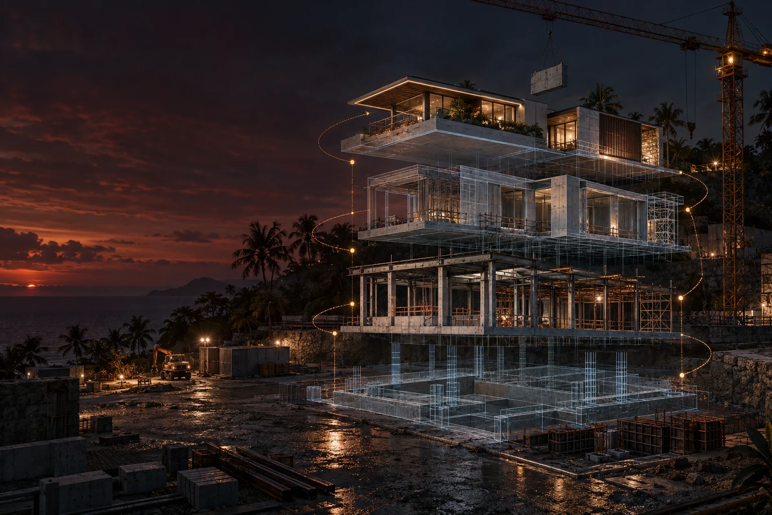 Tropical villa under construction with transparent stages from foundation to finished enclosure
