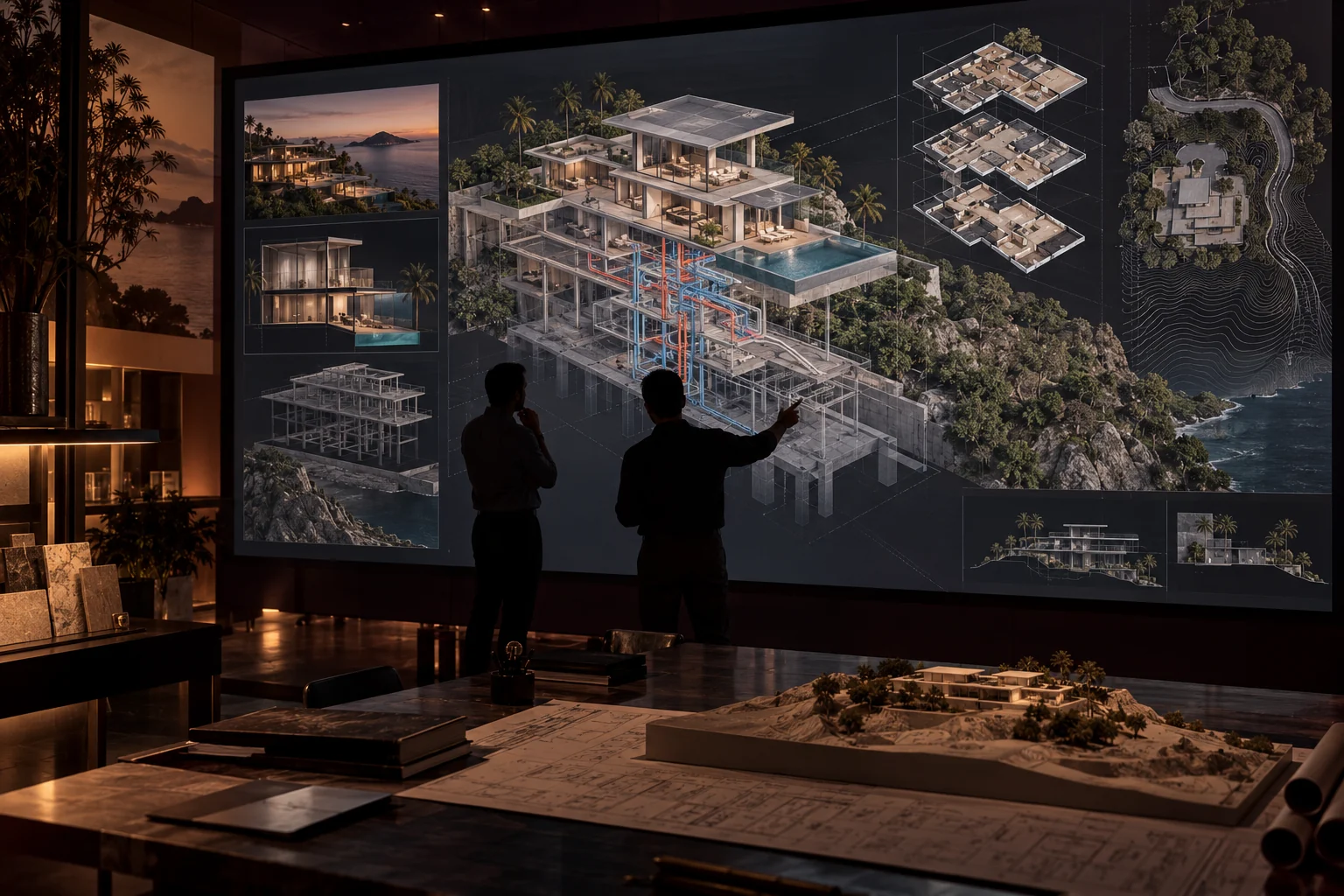 Architects reviewing a detailed BIM model of a tropical villa in a studio