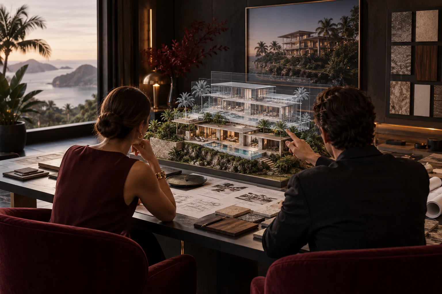 Owner and architect reviewing a transparent villa model and drawings together