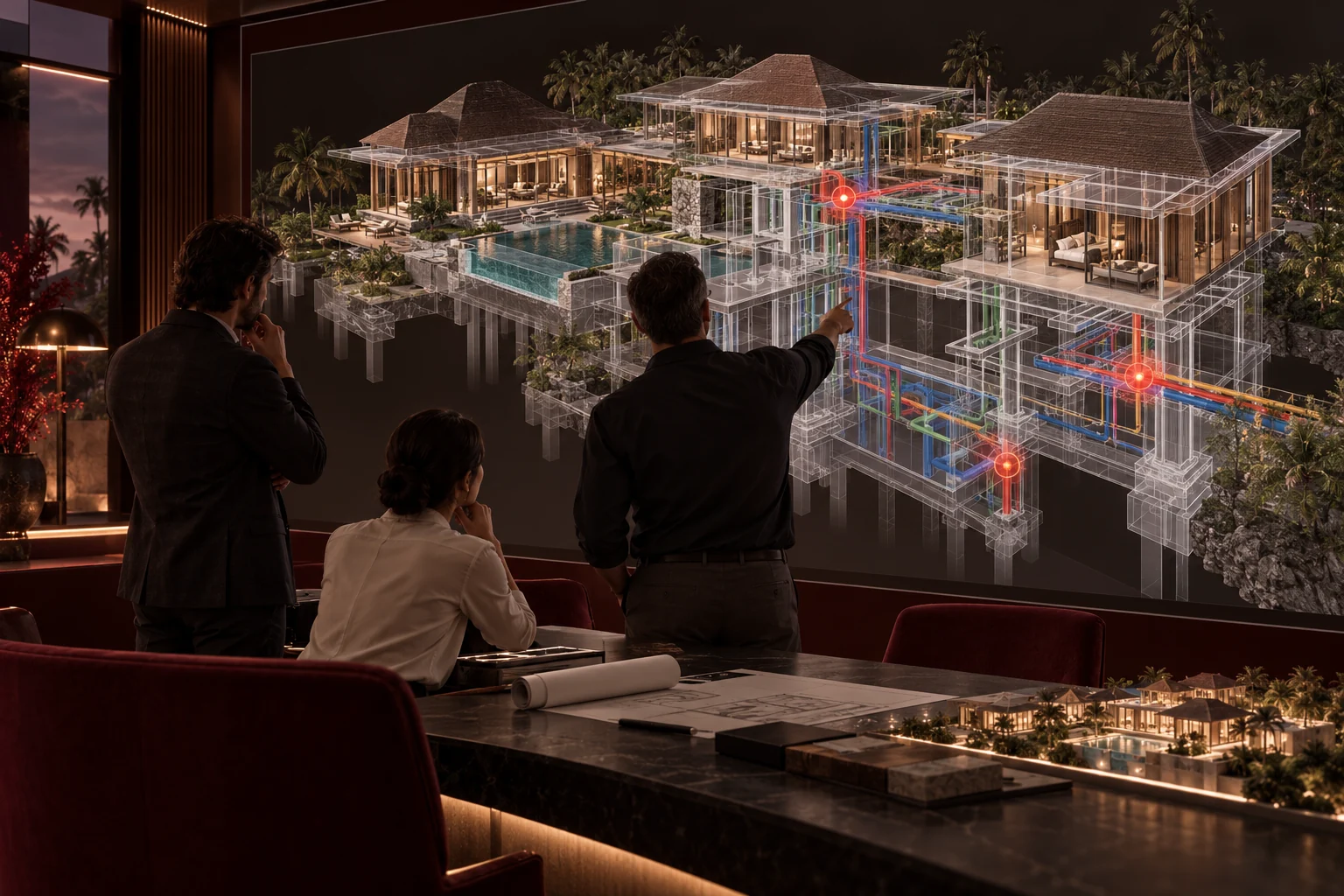 Design team reviewing a complex multi-wing villa BIM model with highlighted coordination points