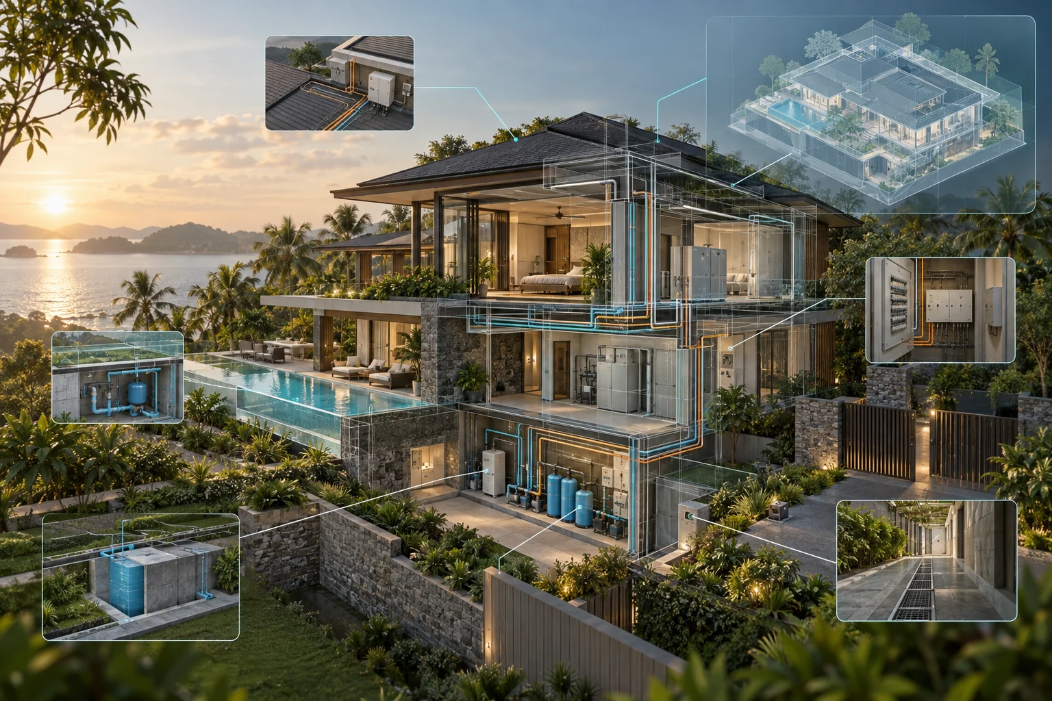 Completed tropical villa with a transparent digital twin showing equipment and building systems