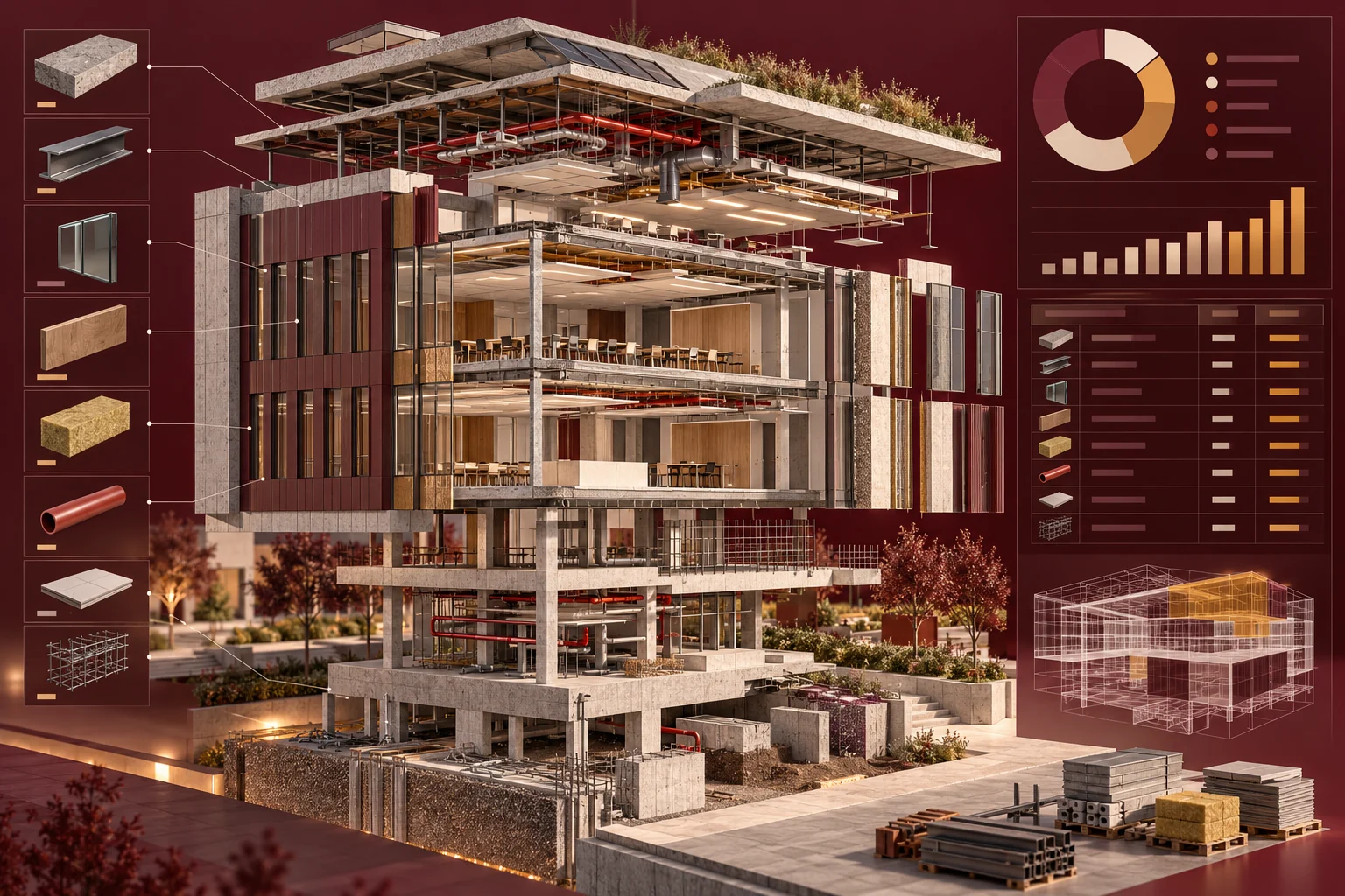 Information-rich building assembly with material takeoff and quantity planning visuals