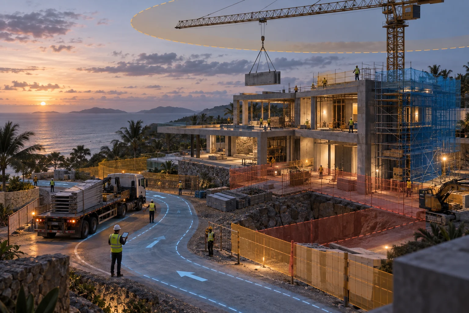 Construction site with digital routes, crane radius, delivery path and safety zones