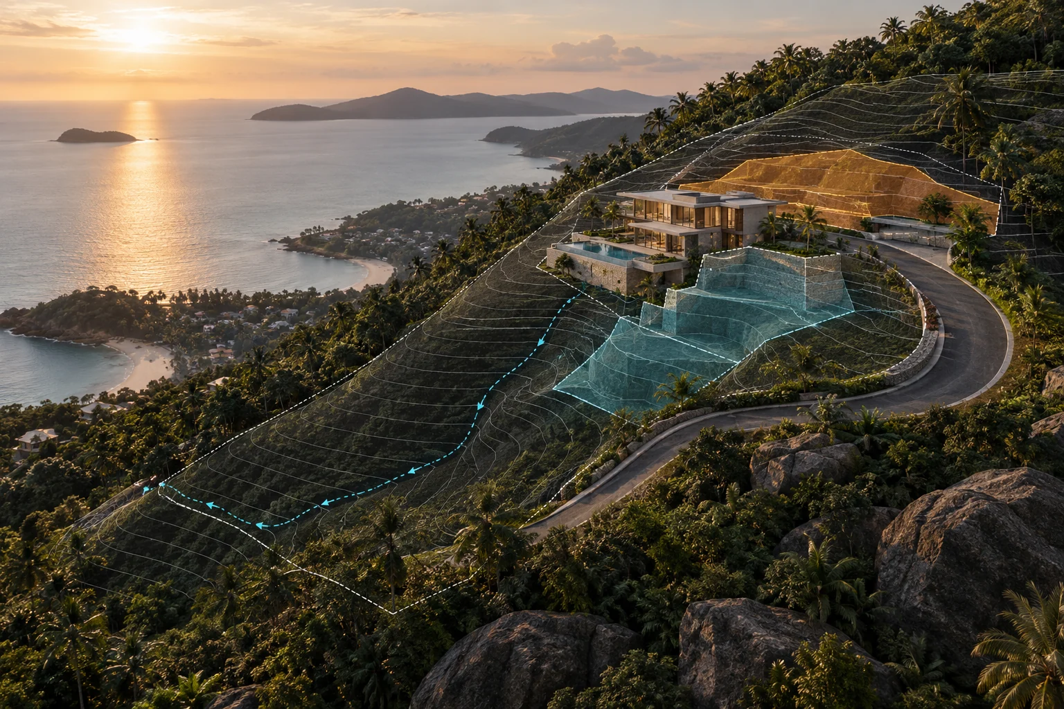 Aerial hillside villa with terrain contours, access route and cut-and-fill model