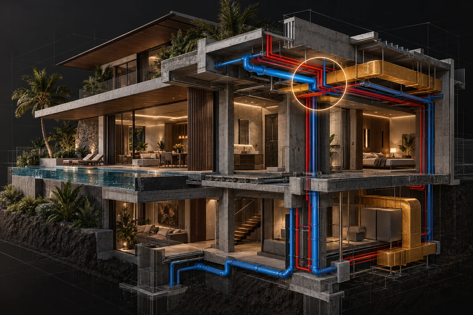 Cutaway tropical villa showing structure, plumbing, electrical and HVAC routes