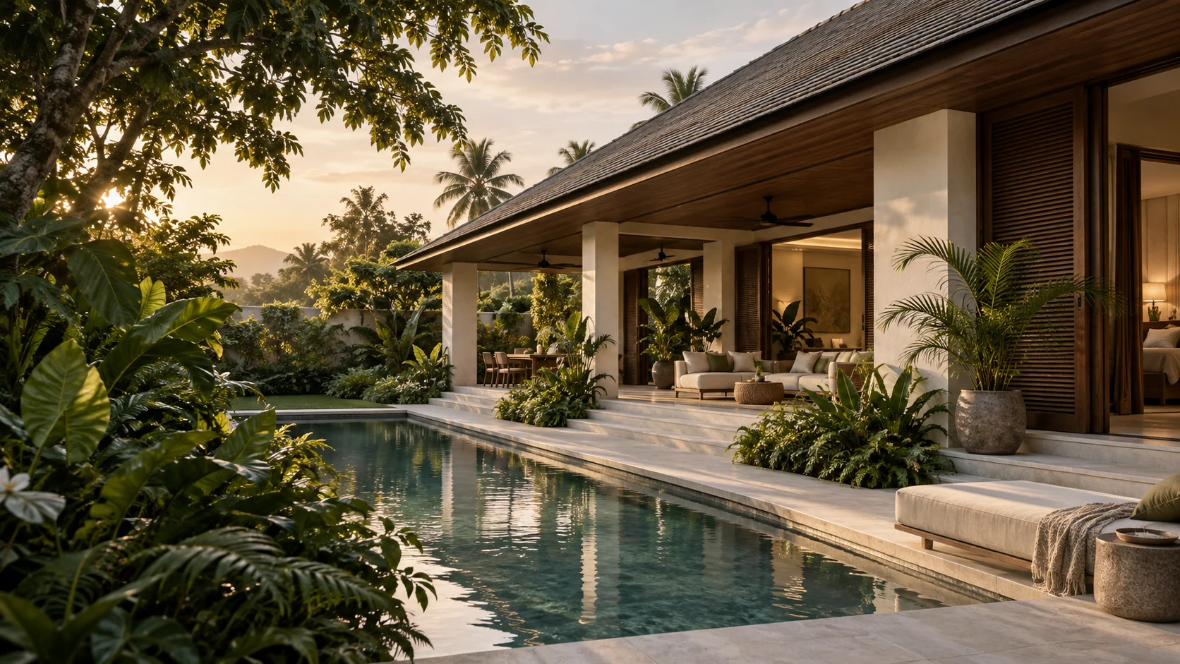 Illustrative tropical home with a deep shaded veranda beside a garden courtyard